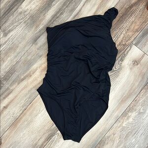 Pink Lily Black One Shoulder Swim One Piece